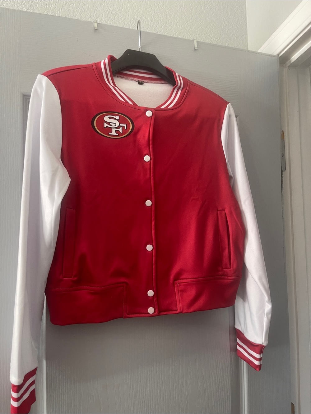 Red and White Women's Varsity Jacket with Team Crest